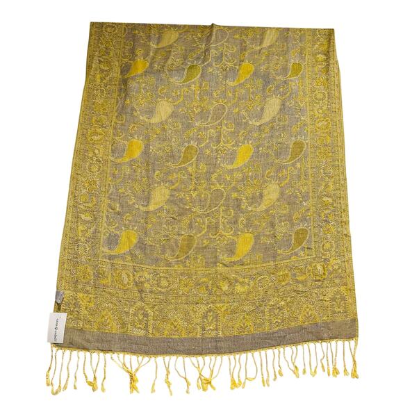 Pashmina Scarf Gold Gray Paisley w/ Fringe Washable NWT - Picture 7 of 8